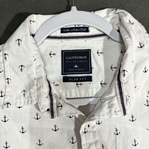 Cactus Man Slim Fit Casual Button-Down Shirt Mens Large White With Anchor Print